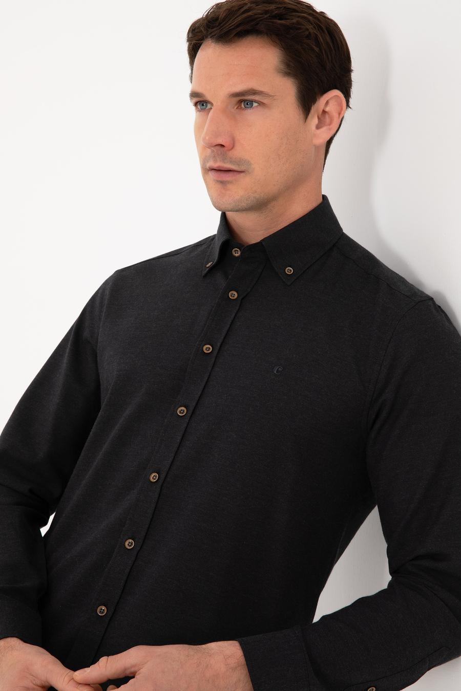 Siyah Slim Fit %100 Pamuk Yakası Düğmeli Flanel Gömlek - 50313122123