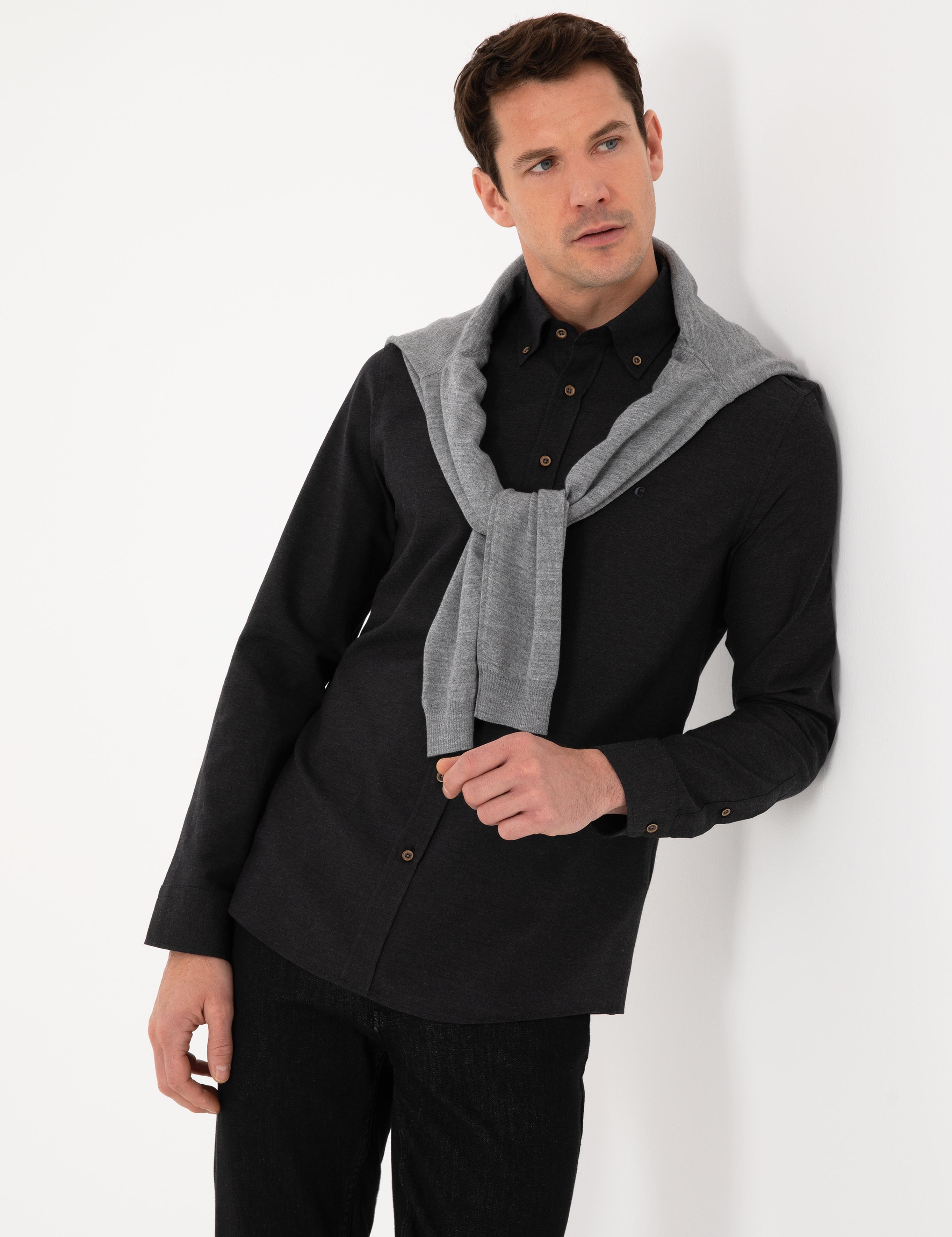 Siyah Slim Fit %100 Pamuk Yakası Düğmeli Flanel Gömlek - 50313122123