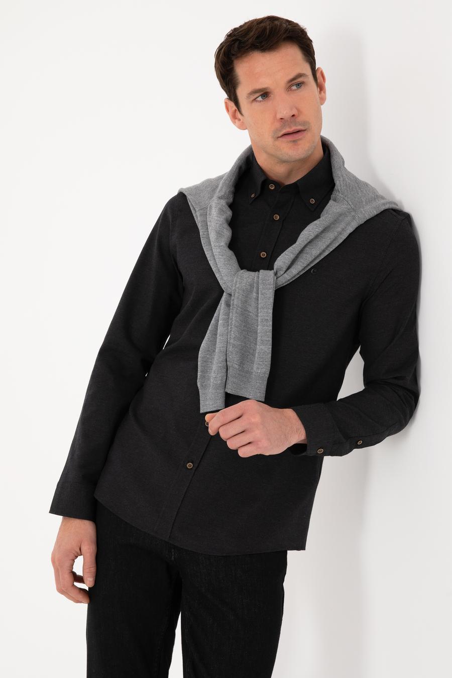 Siyah Slim Fit %100 Pamuk Yakası Düğmeli Flanel Gömlek - 50313122123