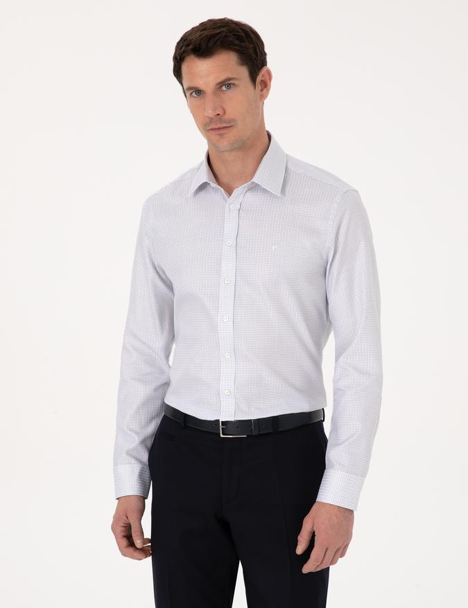 Beyaz Slim Fit %100 Pamuk Kareli Gömlek