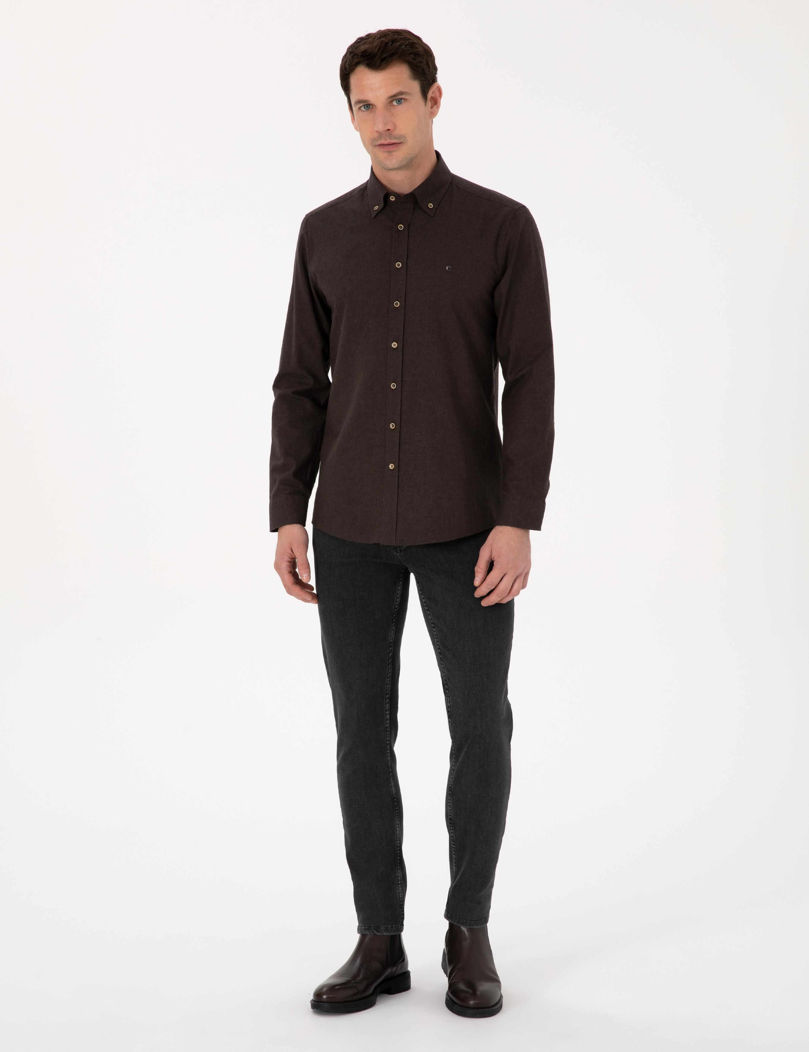 Koyu Kahverengi Slim Fit %100 Pamuk Yakası Düğmeli Flanel Gömlek - 50313122144