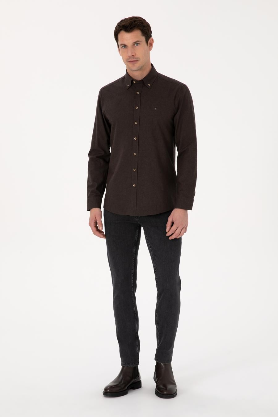 Koyu Kahverengi Slim Fit %100 Pamuk Yakası Düğmeli Flanel Gömlek - 50313122144