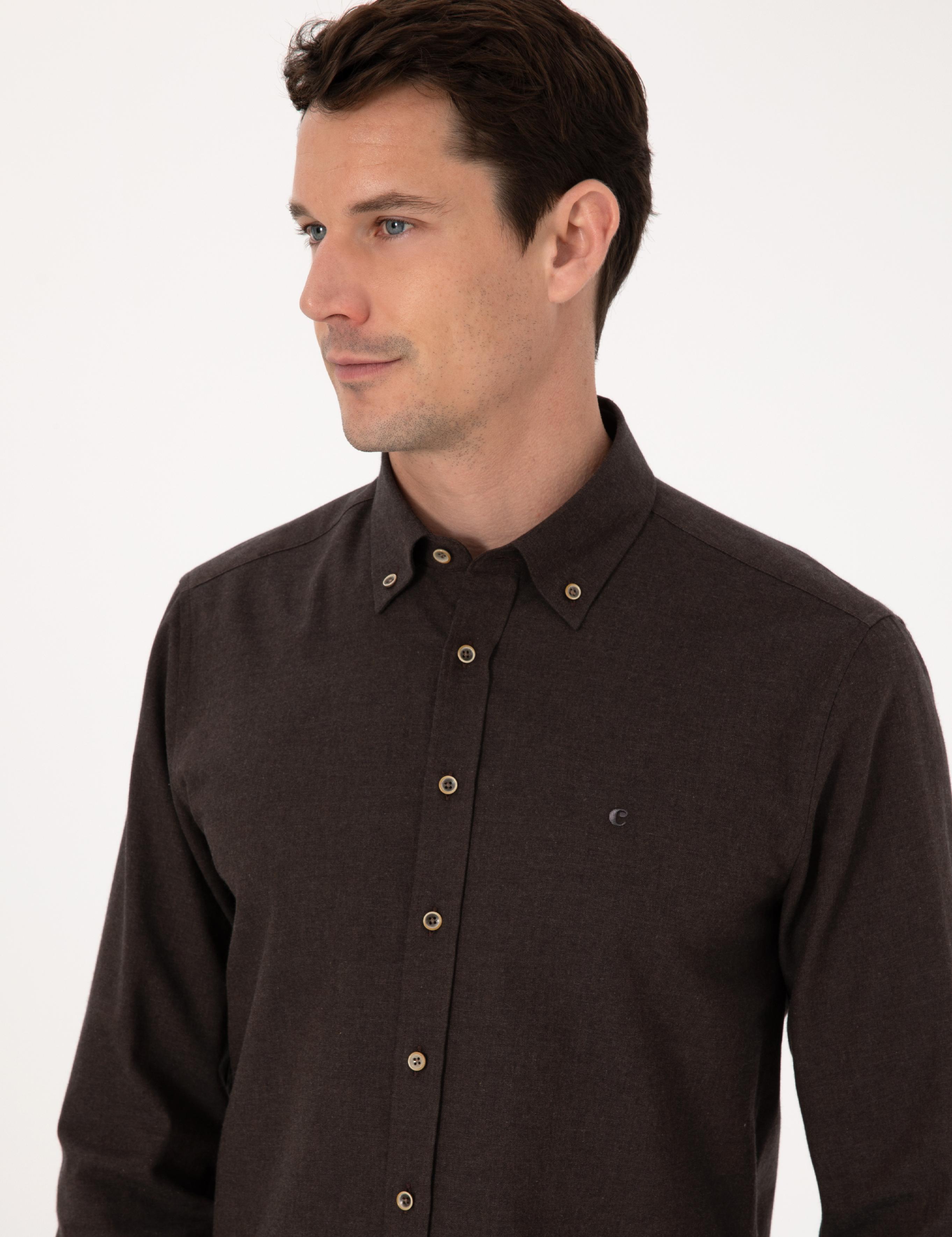 Koyu Kahverengi Slim Fit %100 Pamuk Yakası Düğmeli Flanel Gömlek - 50313122144