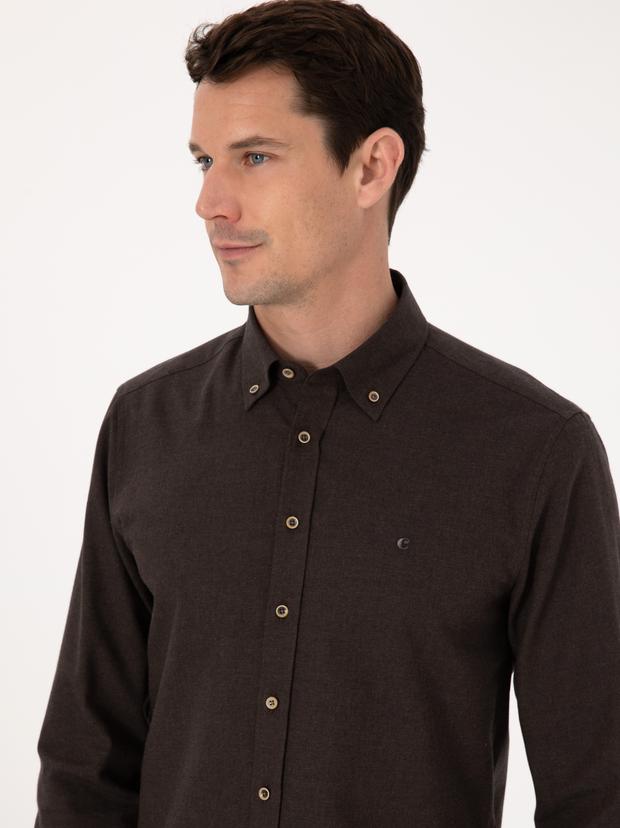 Koyu Kahverengi Slim Fit %100 Pamuk Yakası Düğmeli Flanel Gömlek