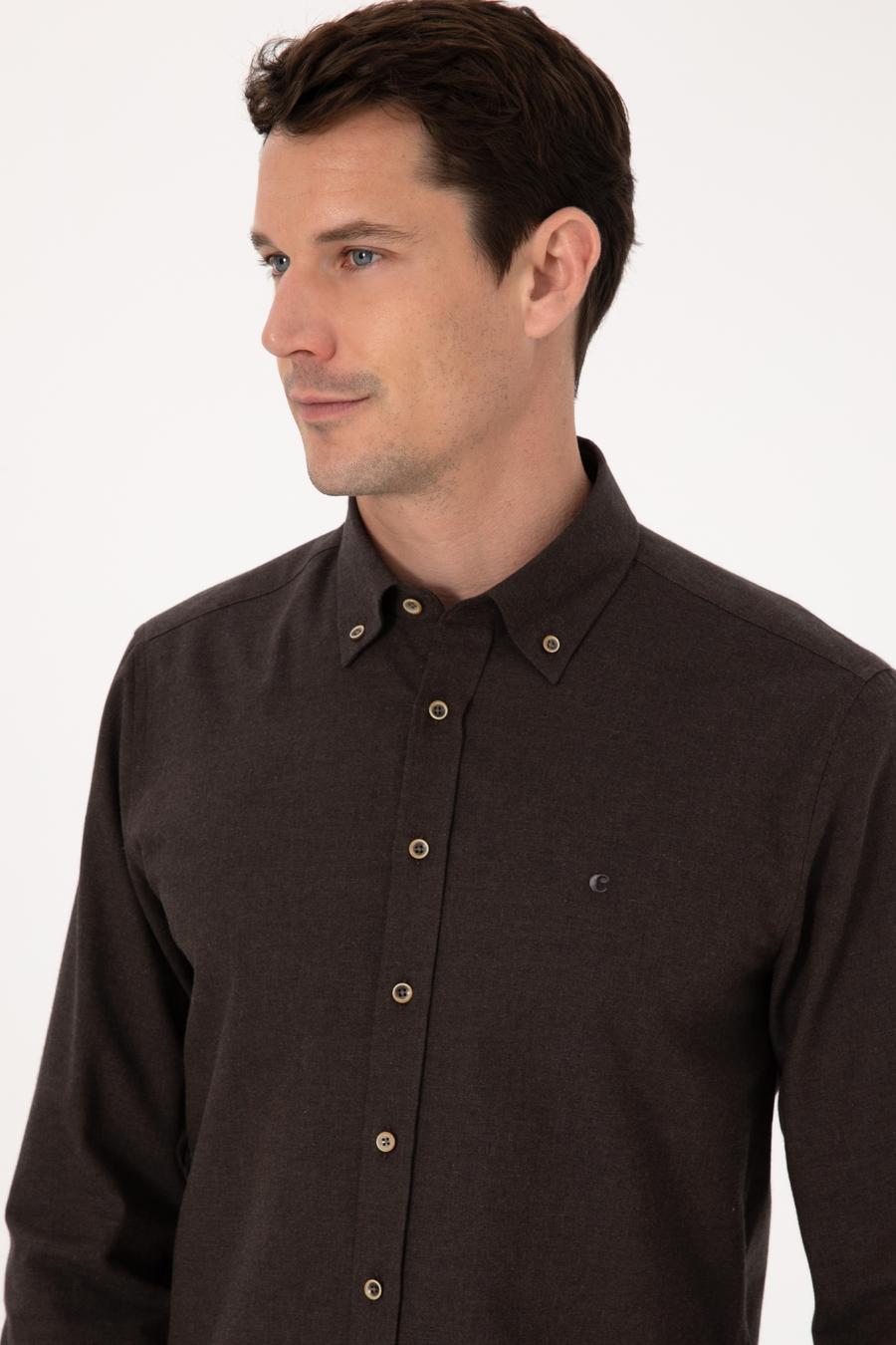 Koyu Kahverengi Slim Fit %100 Pamuk Yakası Düğmeli Flanel Gömlek - 50313122144