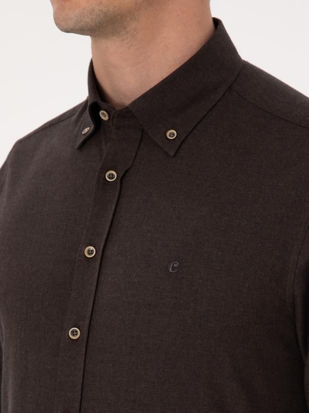Koyu Kahverengi Slim Fit %100 Pamuk Yakası Düğmeli Flanel Gömlek