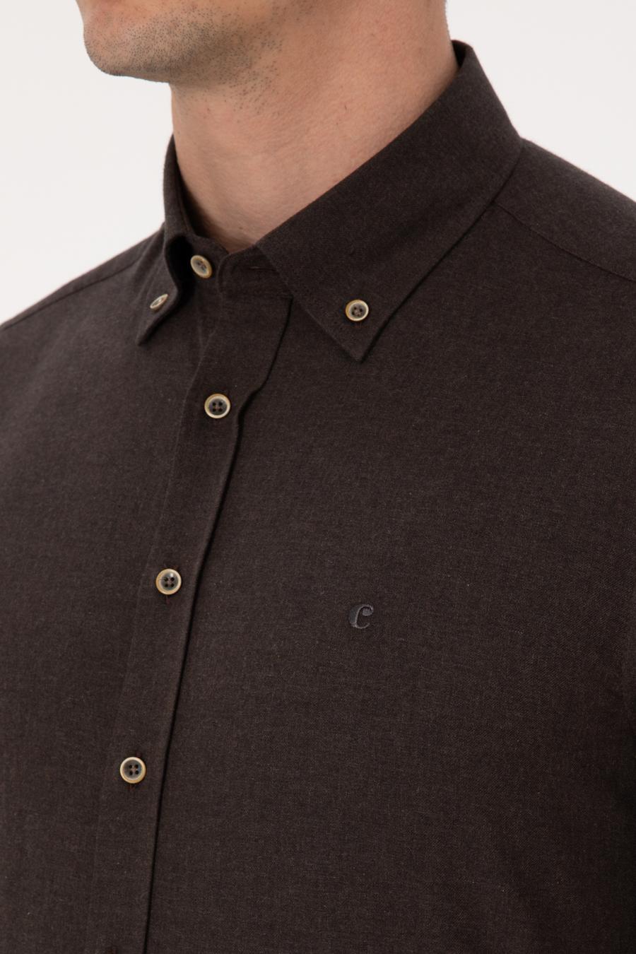 Koyu Kahverengi Slim Fit %100 Pamuk Yakası Düğmeli Flanel Gömlek - 50313122144