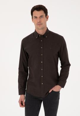 Koyu Kahverengi Slim Fit %100 Pamuk Yakası Düğmeli Flanel Gömlek