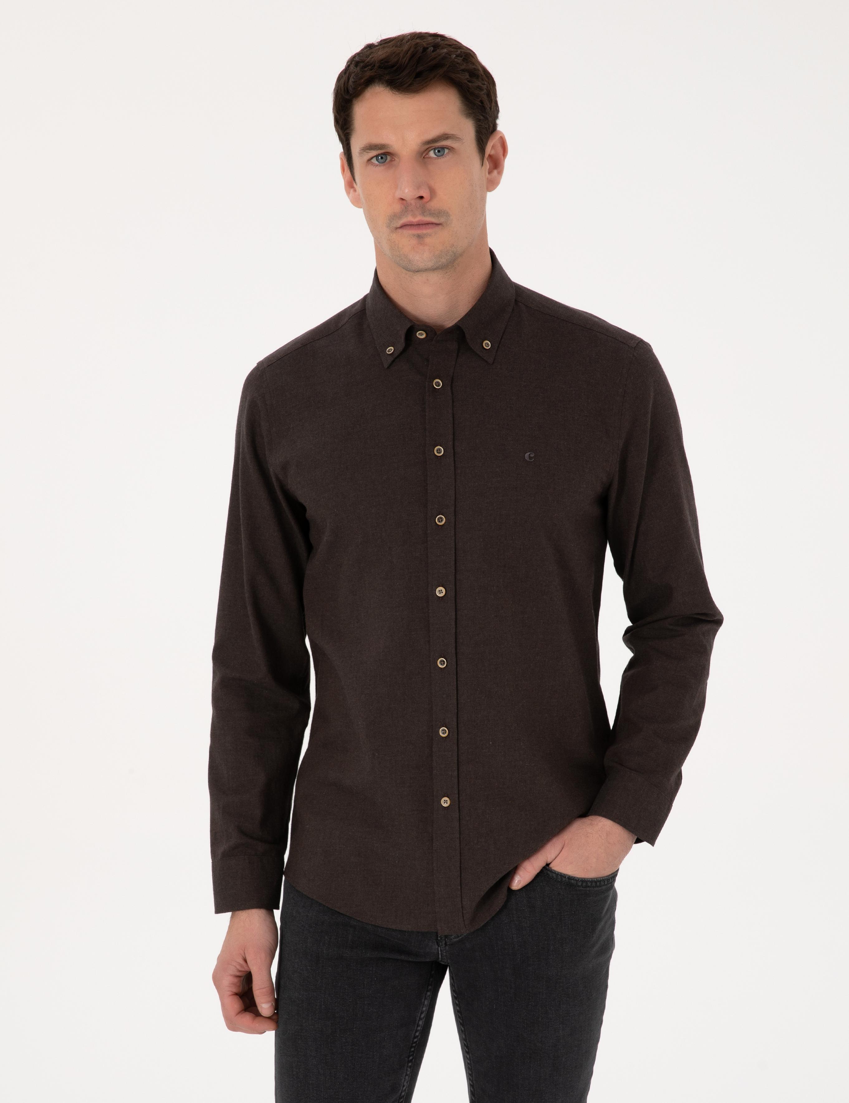 Koyu Kahverengi Slim Fit %100 Pamuk Yakası Düğmeli Flanel Gömlek - 50313122144