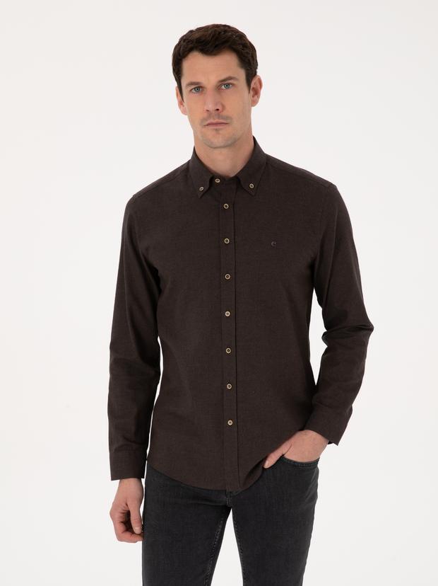 Koyu Kahverengi Slim Fit %100 Pamuk Yakası Düğmeli Flanel Gömlek