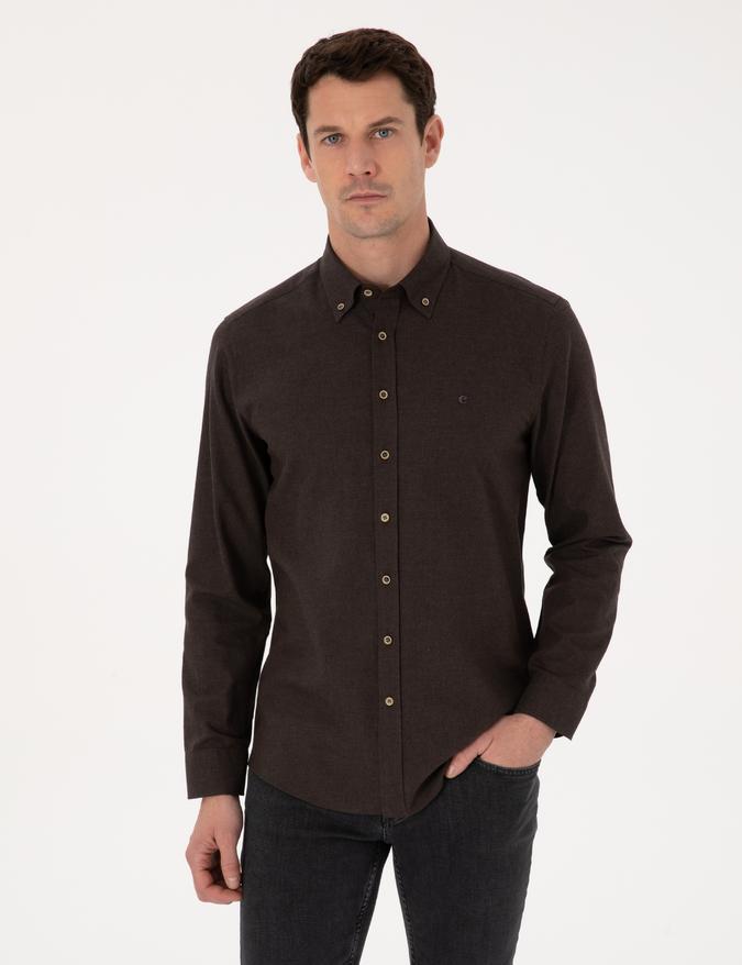 Koyu Kahverengi Slim Fit %100 Pamuk Yakası Düğmeli Flanel Gömlek