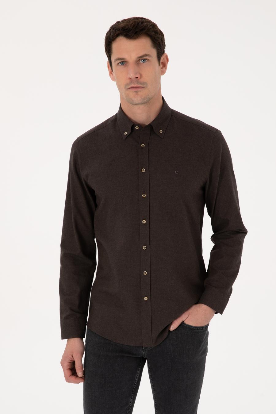 Koyu Kahverengi Slim Fit %100 Pamuk Yakası Düğmeli Flanel Gömlek - 50313122144