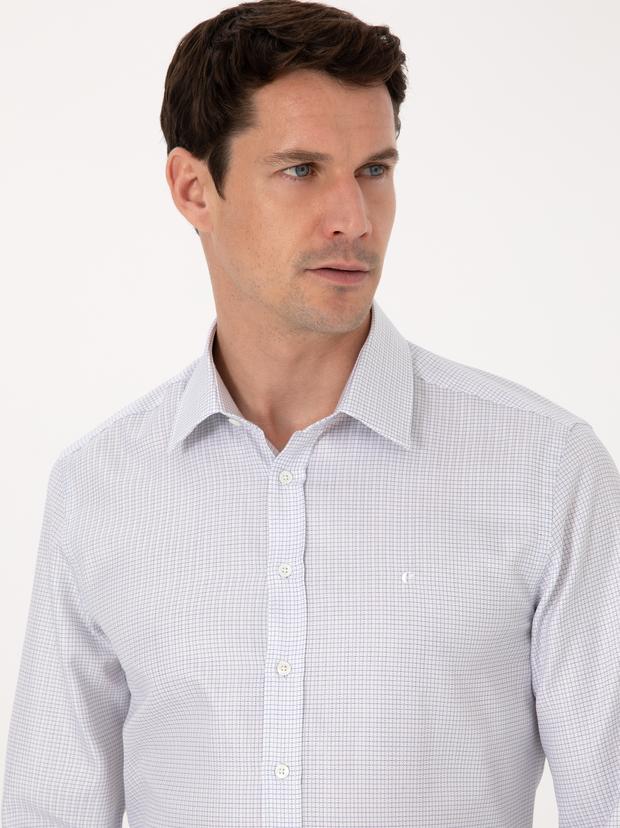 Beyaz Slim Fit %100 Pamuk Kareli Gömlek