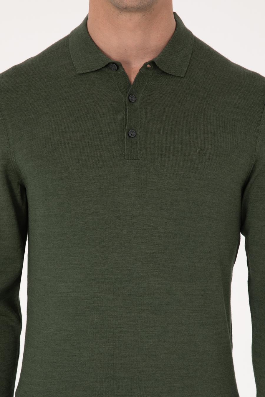 Haki Slim Fit Yün Karışımlı Polo Yaka Basic Triko Kazak - 50315267011