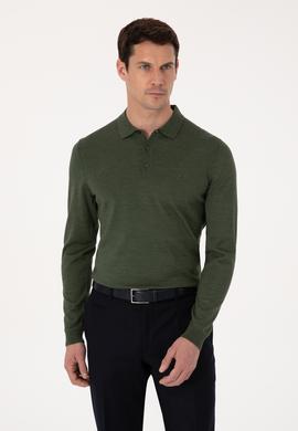 Haki Slim Fit Yün Karışımlı Polo Yaka Basic Triko Kazak