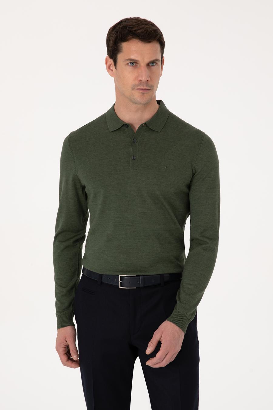 Haki Slim Fit Yün Karışımlı Polo Yaka Basic Triko Kazak - 50315267011