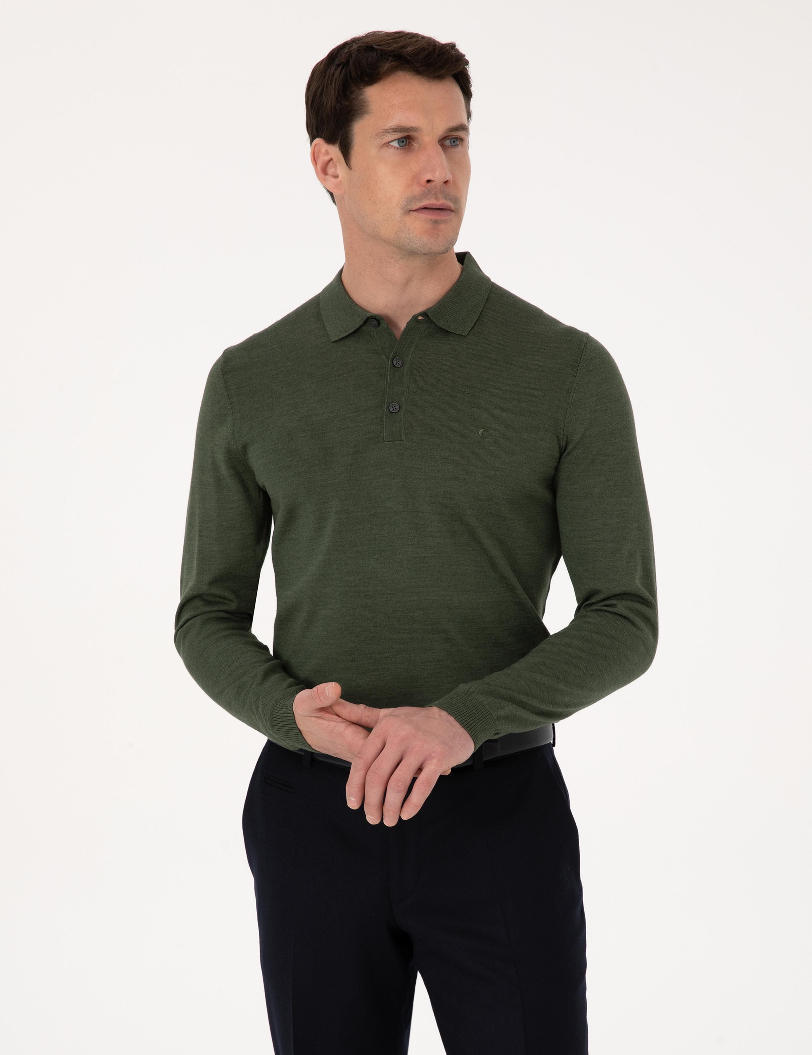 Haki Slim Fit Yün Karışımlı Polo Yaka Basic Triko Kazak - 50315267011