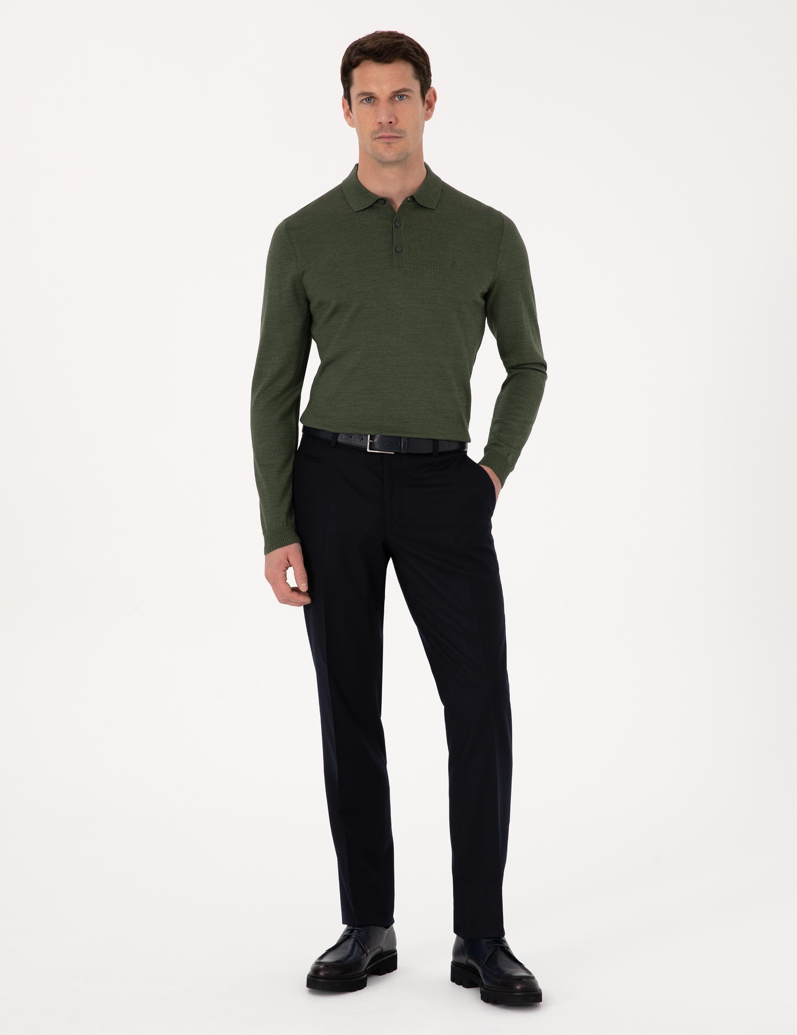 Haki Slim Fit Yün Karışımlı Polo Yaka Basic Triko Kazak - 50315267011