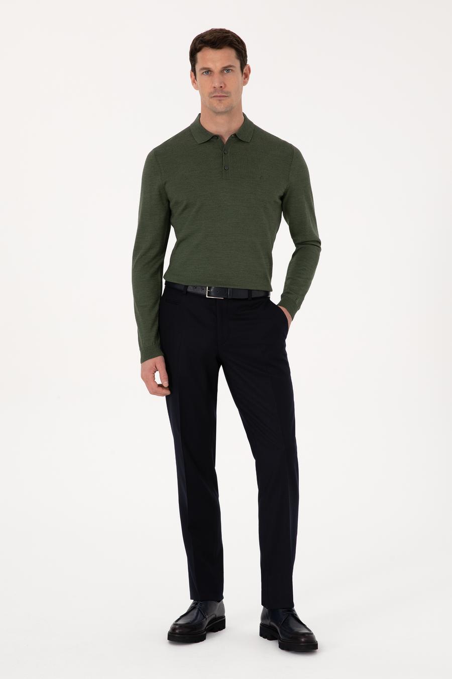 Haki Slim Fit Yün Karışımlı Polo Yaka Basic Triko Kazak - 50315267011
