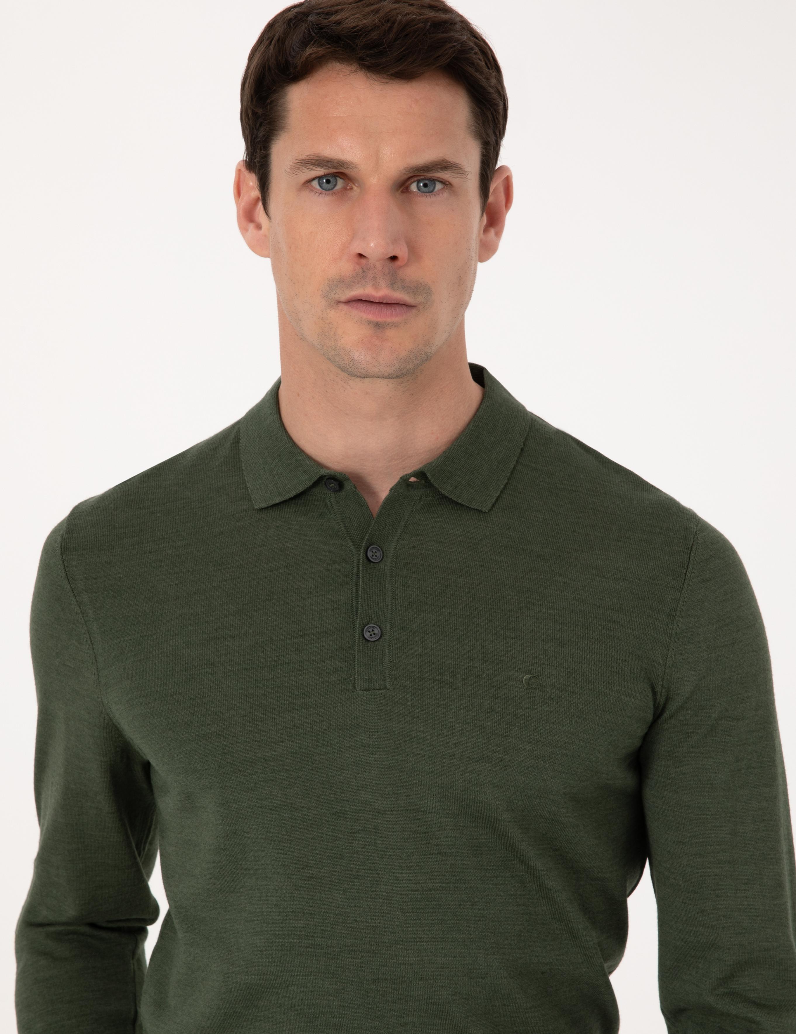 Haki Slim Fit Yün Karışımlı Polo Yaka Basic Triko Kazak - 50315267011