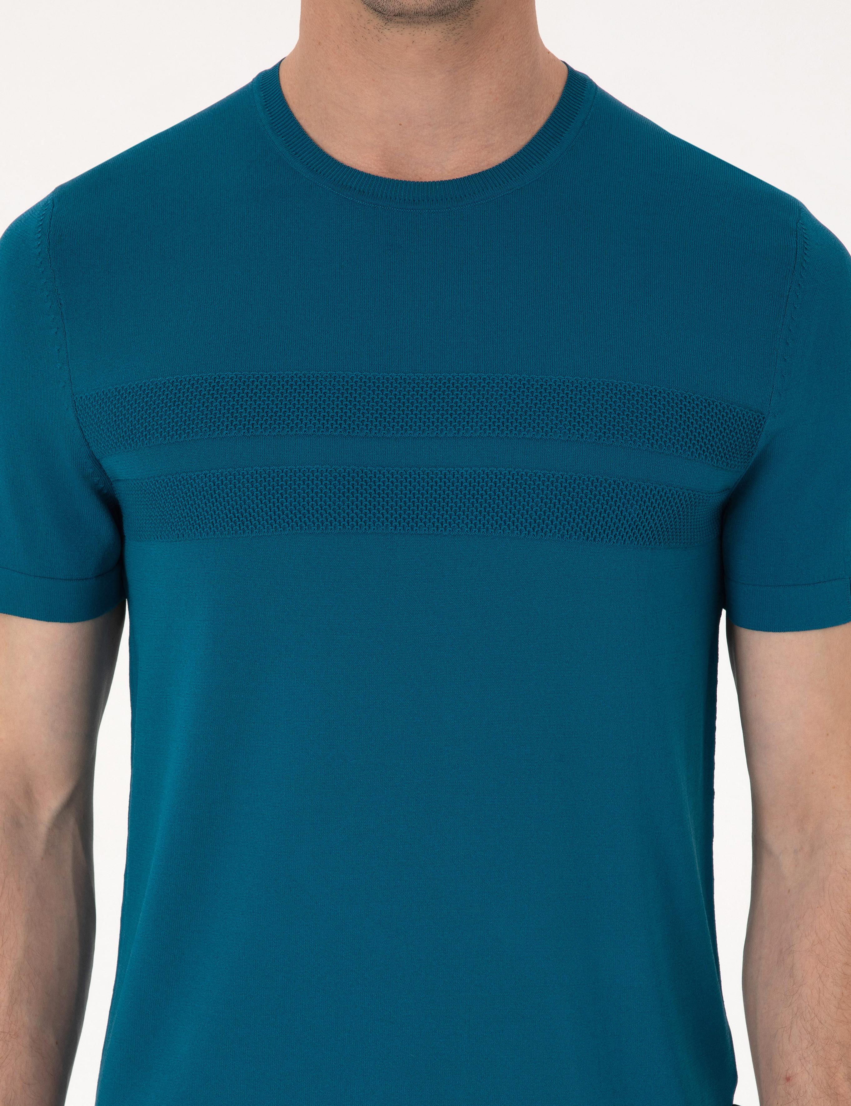 Petrol Mavisi Slim Fit Bisiklet Yaka Triko T-shirt - 50311875036