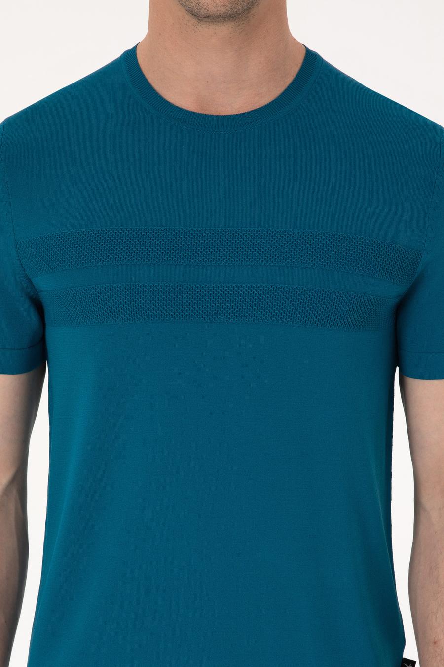 Petrol Mavisi Slim Fit Bisiklet Yaka Triko T-shirt - 50311875036