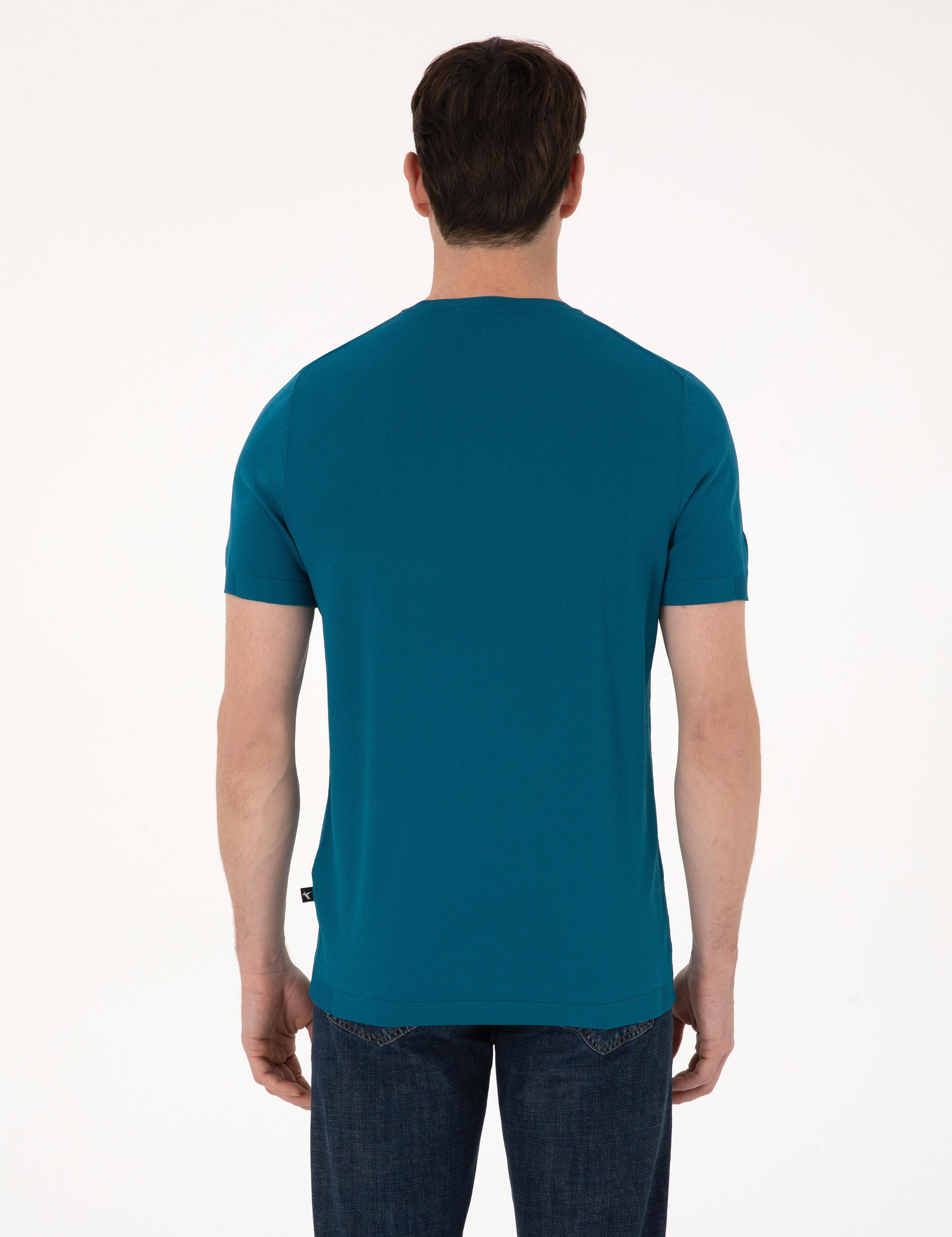 Petrol Mavisi Slim Fit Bisiklet Yaka Triko T-shirt - 50311875036