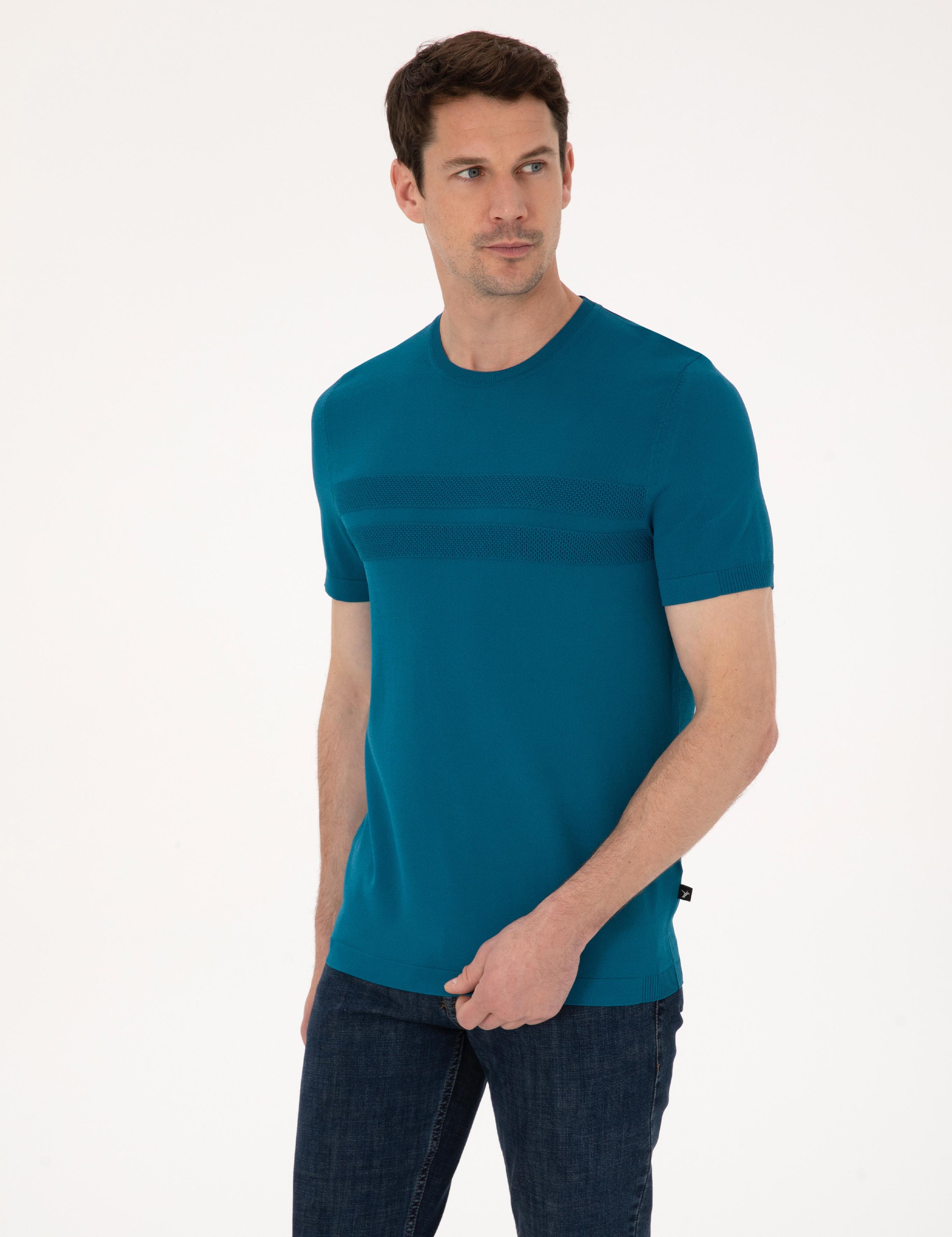 Petrol Mavisi Slim Fit Bisiklet Yaka Triko T-shirt - 50311875036