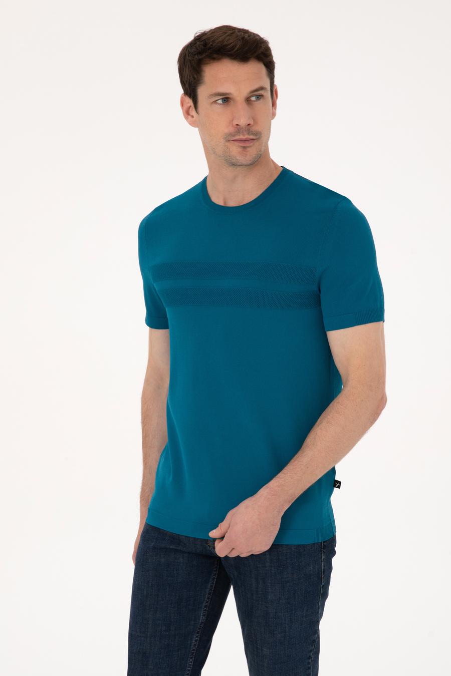 Petrol Mavisi Slim Fit Bisiklet Yaka Triko T-shirt - 50311875036