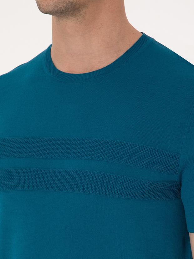 Petrol Mavisi Slim Fit Bisiklet Yaka Triko T-shirt