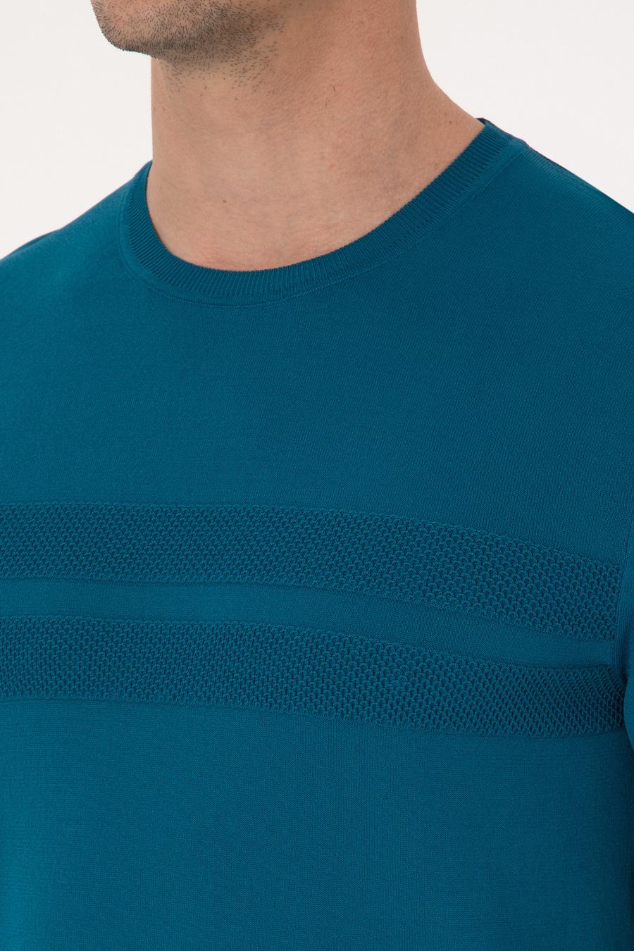 Petrol Mavisi Slim Fit Bisiklet Yaka Triko T-shirt - 50311875036