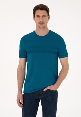 Petrol Mavisi Slim Fit Bisiklet Yaka Triko T-shirt
