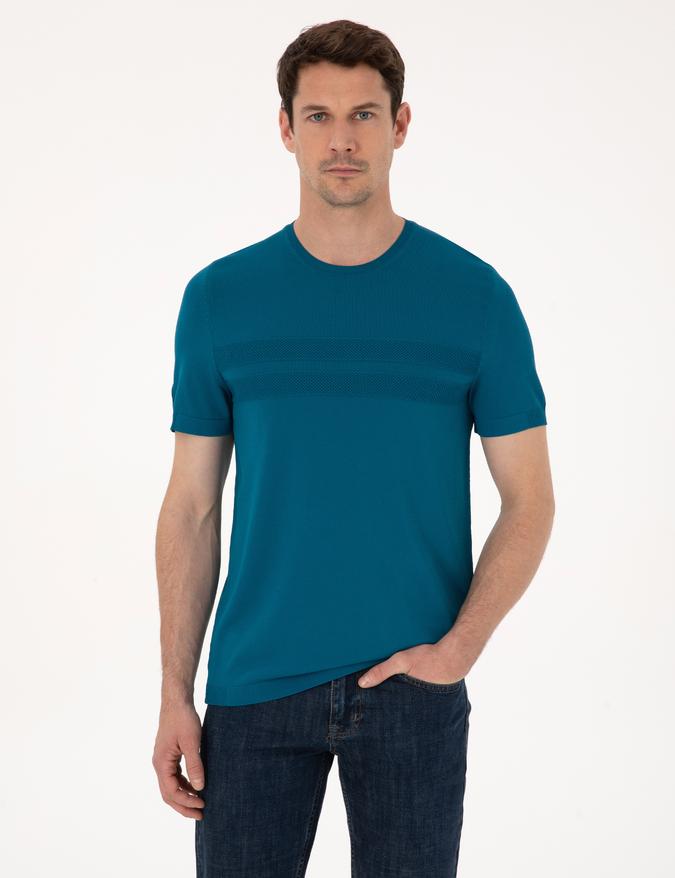 Petrol Mavisi Slim Fit Bisiklet Yaka Triko T-shirt