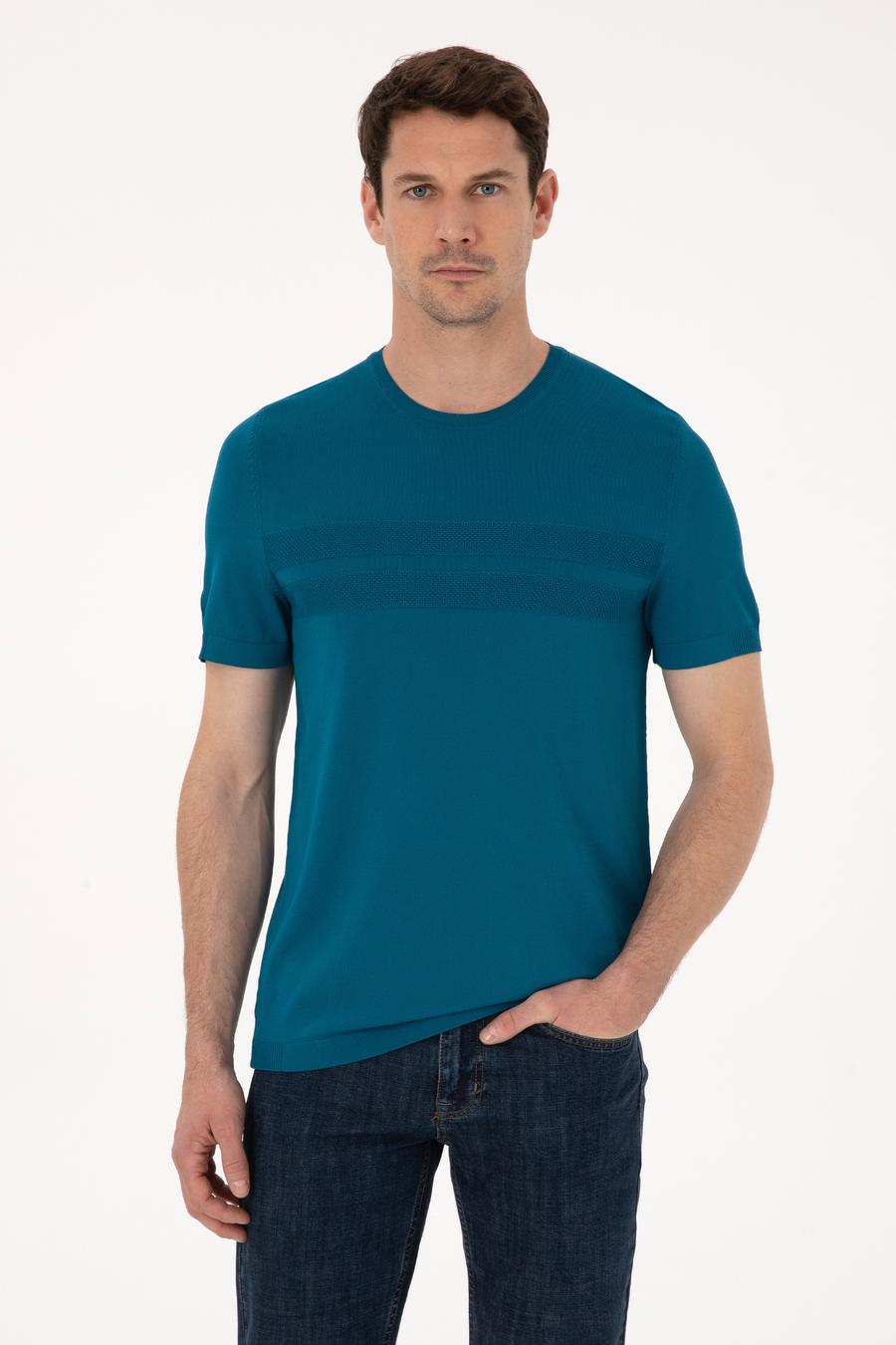Petrol Mavisi Slim Fit Bisiklet Yaka Triko T-shirt - 50311875036