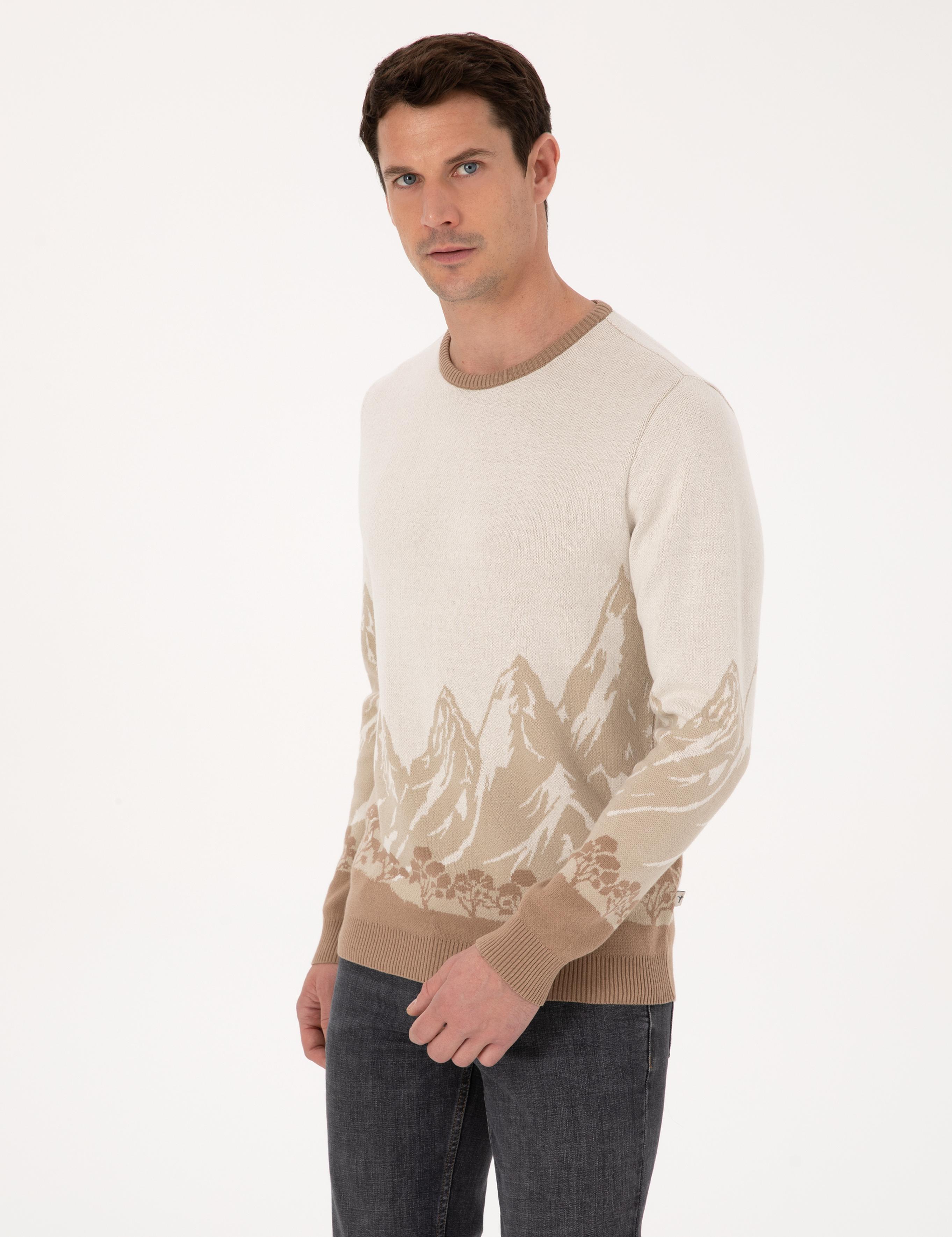 Ekru Slim Fit %100 Pamuk Bisiklet Yaka Desenli Triko Kazak - 50310562040