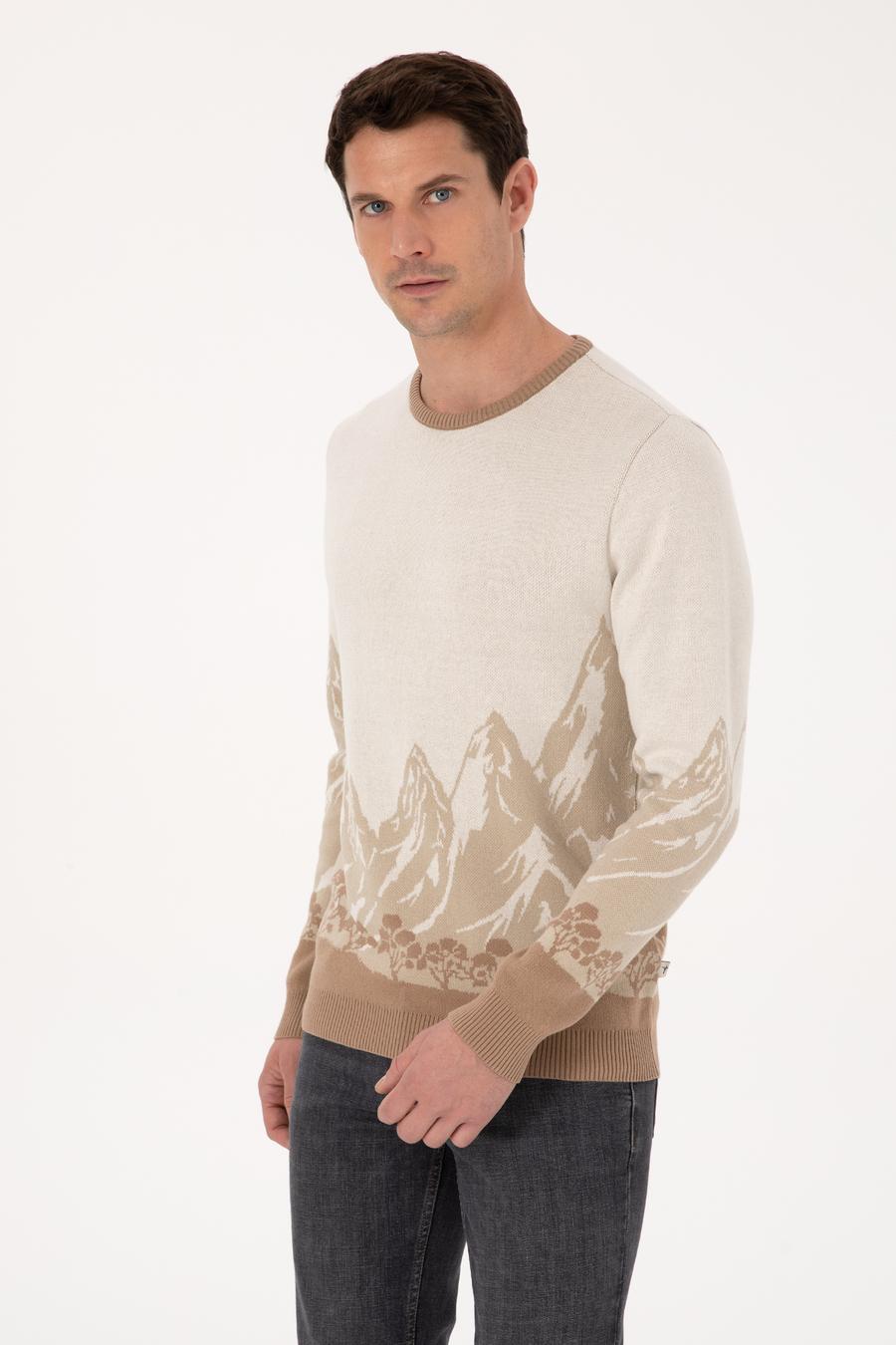 Ekru Slim Fit %100 Pamuk Bisiklet Yaka Desenli Triko Kazak - 50310562040