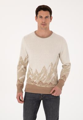 Ekru Slim Fit %100 Pamuk Bisiklet Yaka Desenli Triko Kazak