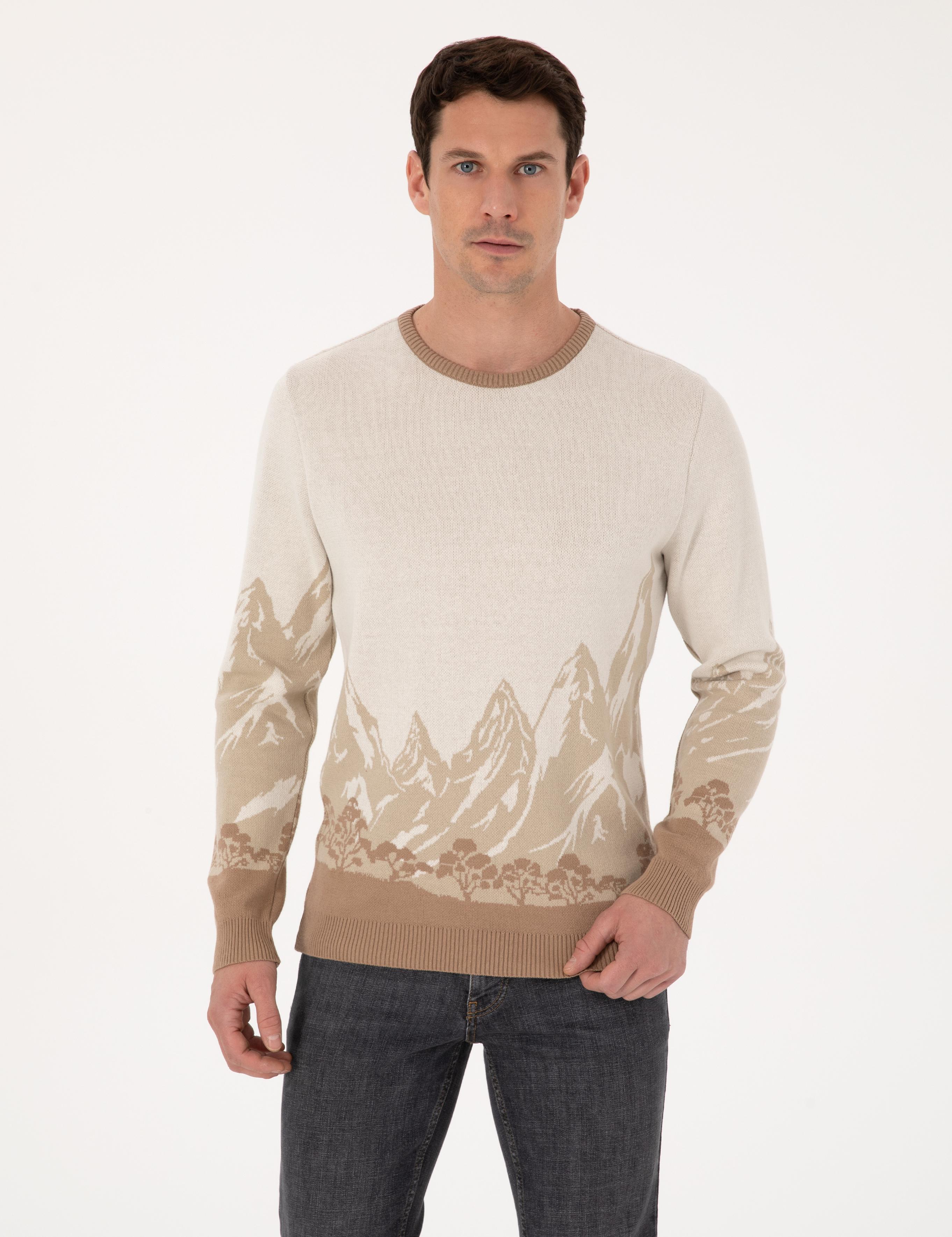Ekru Slim Fit %100 Pamuk Bisiklet Yaka Desenli Triko Kazak - 50310562040