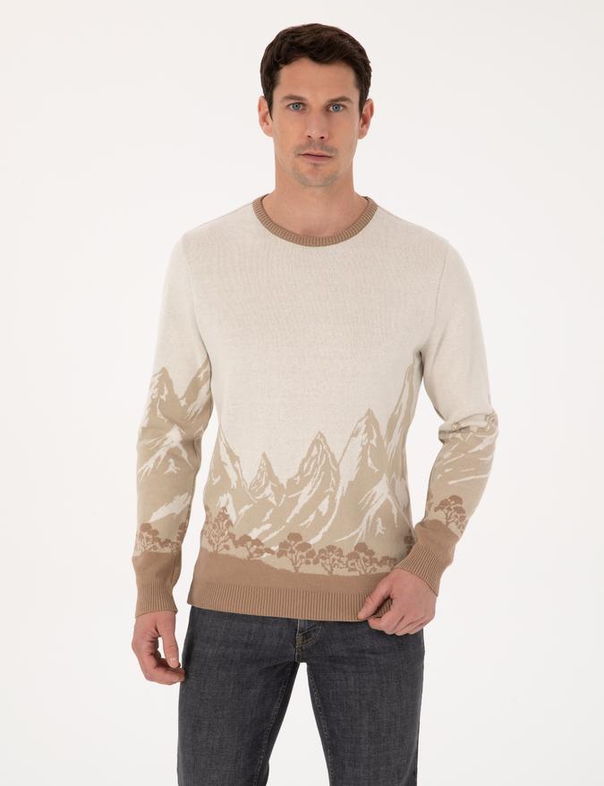 Ekru Slim Fit %100 Pamuk Bisiklet Yaka Desenli Triko Kazak