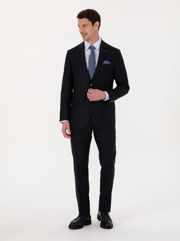 Koyu Lacivert Slim Fit Yün Karışımlı Mikro Desenli Takım Elbise