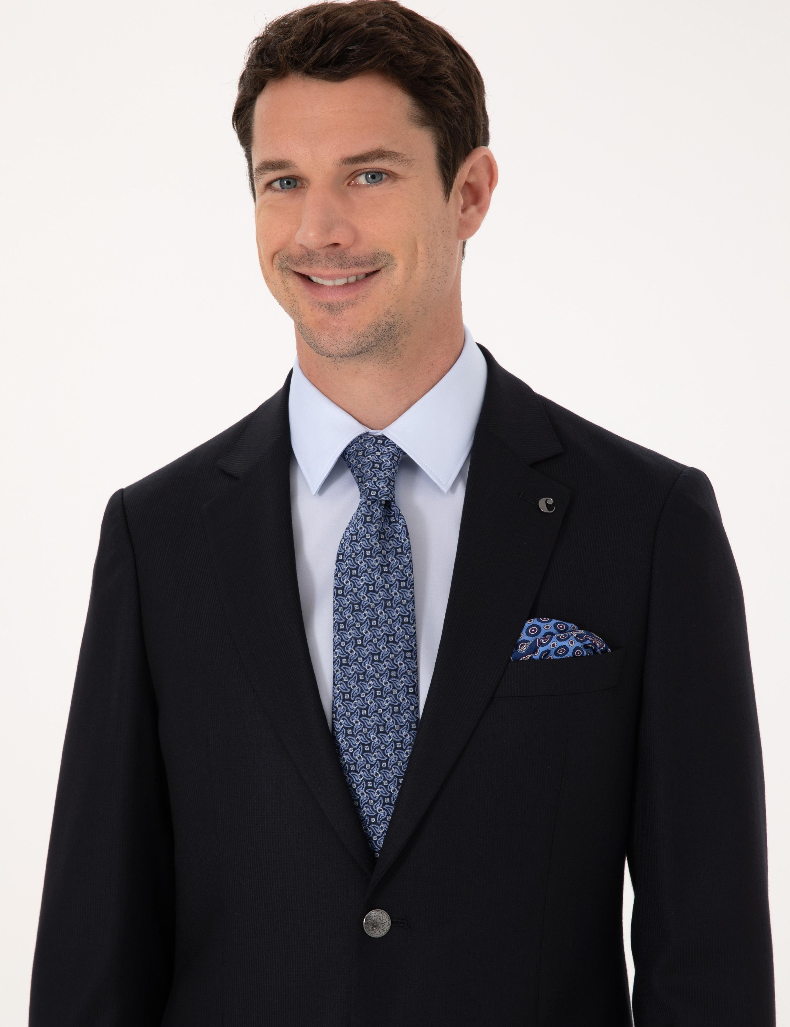 Koyu Lacivert Slim Fit Yün Karışımlı Mikro Desenli Takım Elbise - 50315597008