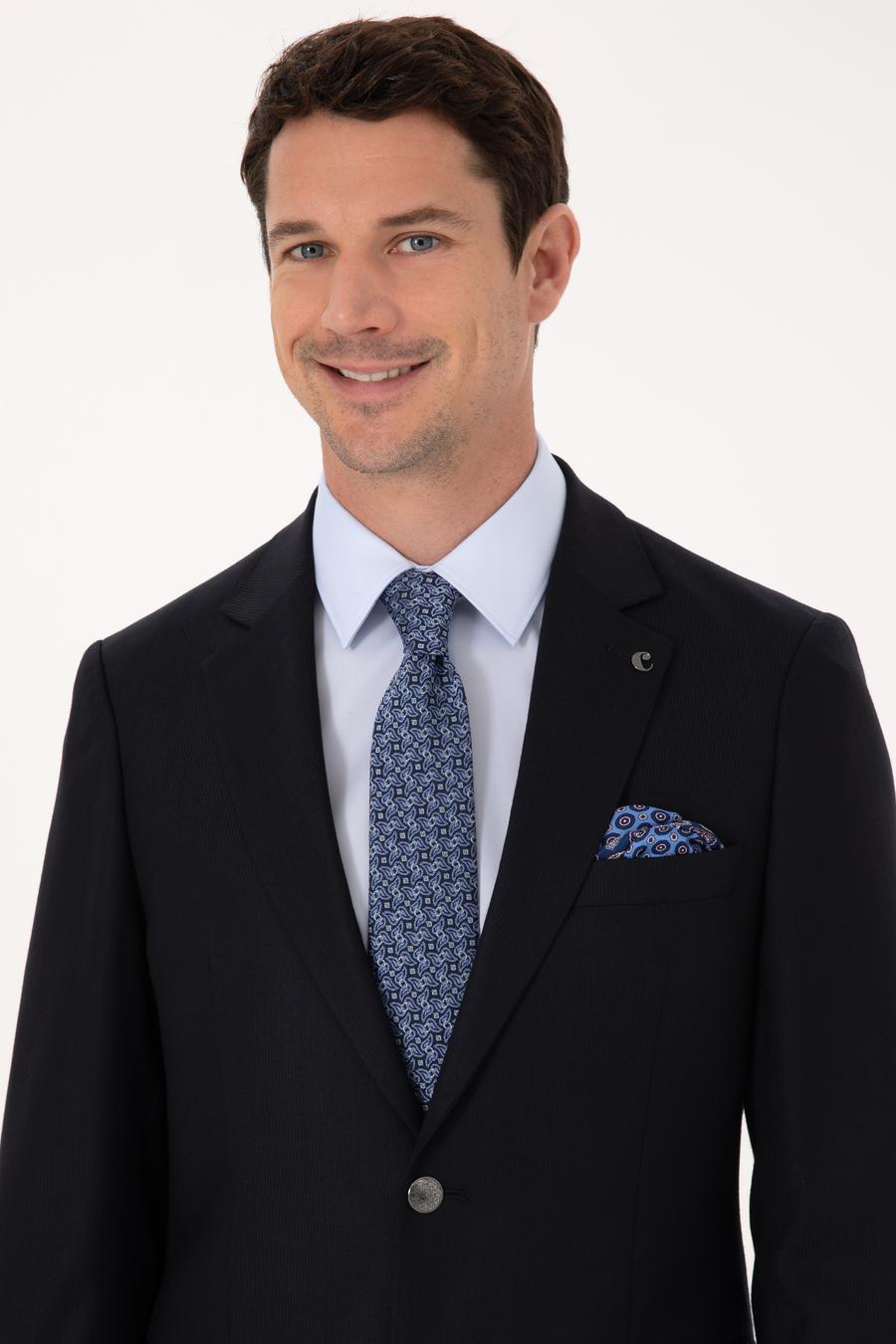 Koyu Lacivert Slim Fit Yün Karışımlı Mikro Desenli Takım Elbise - 50315597008
