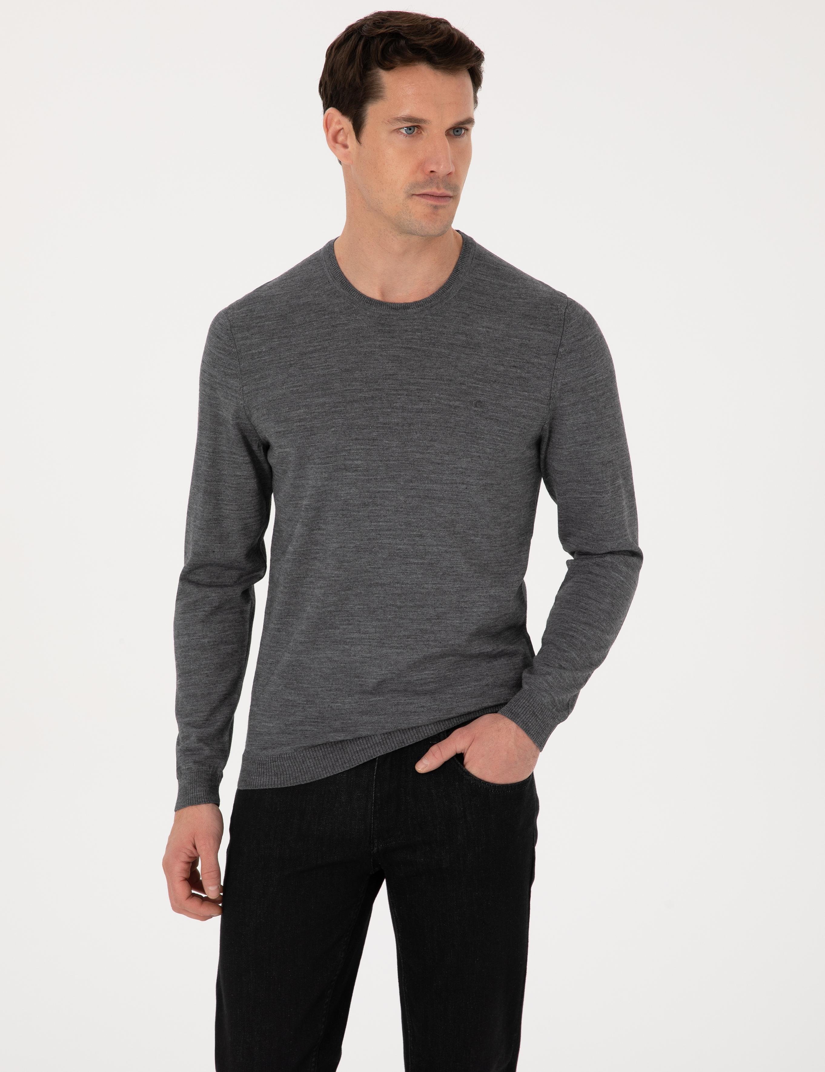 Füme Slim Fit Yün Karışımlı Bisiklet Yaka Basic Triko Kazak - 50318854027