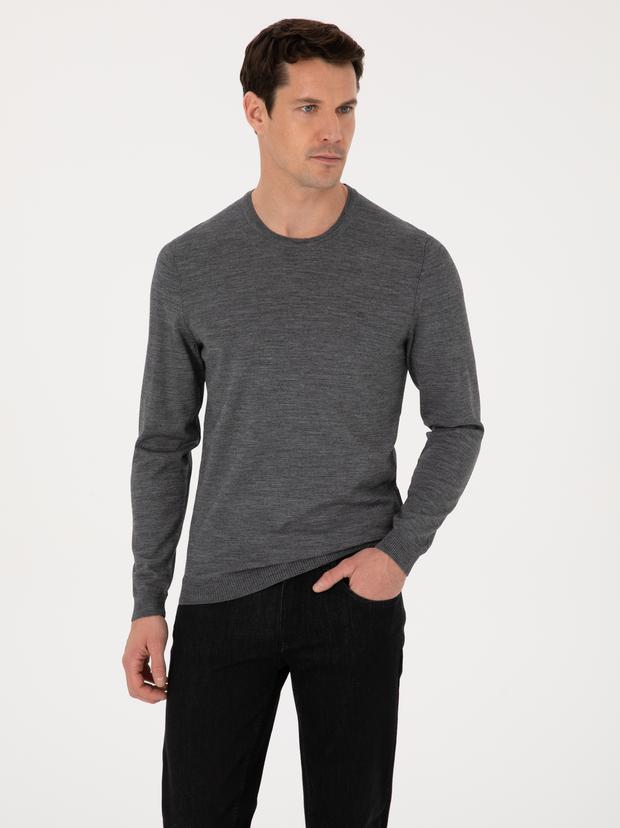 Füme Slim Fit Yün Karışımlı Bisiklet Yaka Basic Triko Kazak