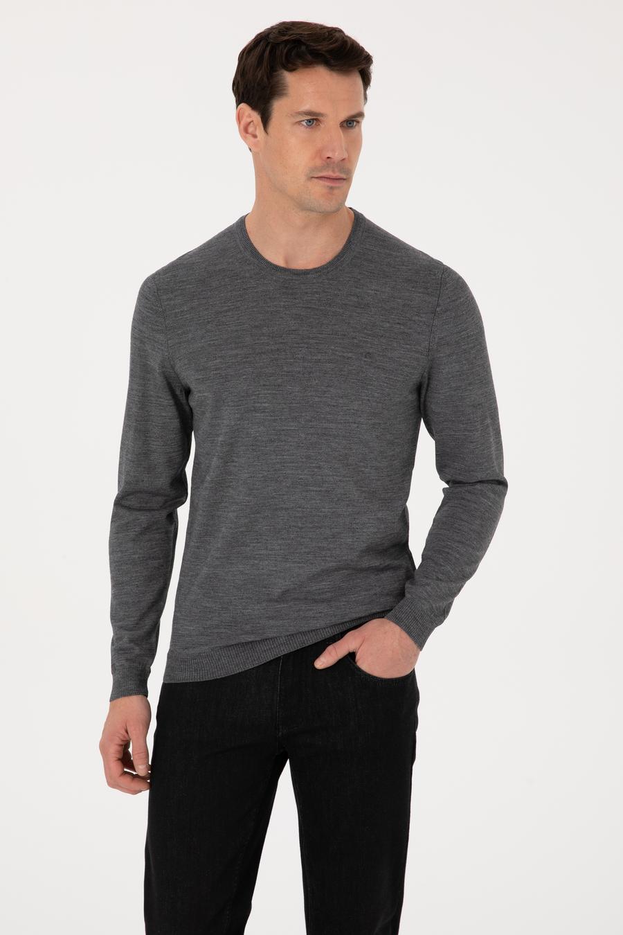 Füme Slim Fit Yün Karışımlı Bisiklet Yaka Basic Triko Kazak - 50318854027