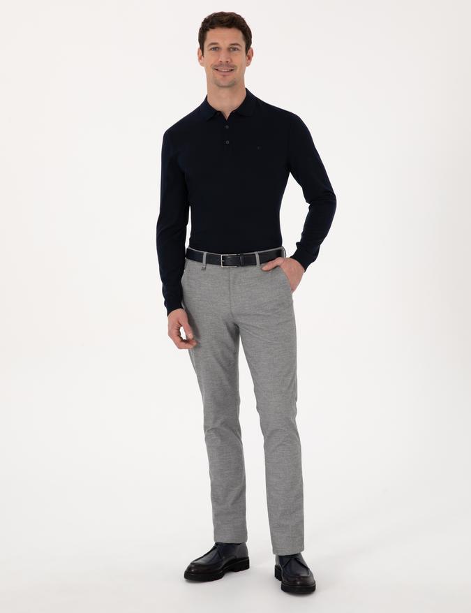 Gri Slim Fit Mikro Desenli Pamuk Karışımlı Kanvas Pantolon