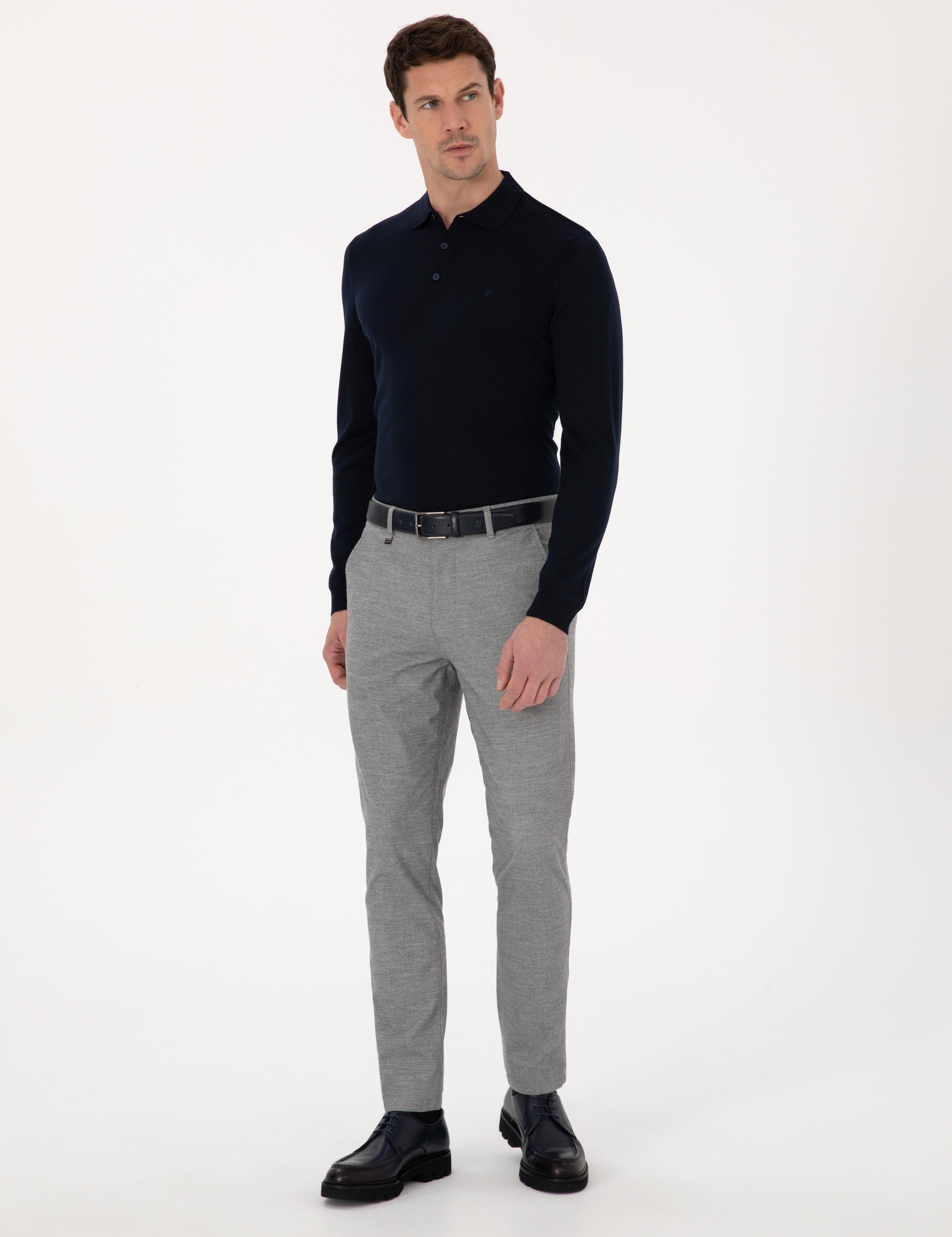 Gri Slim Fit Mikro Desenli Pamuk Karışımlı Kanvas Pantolon - 50308714128