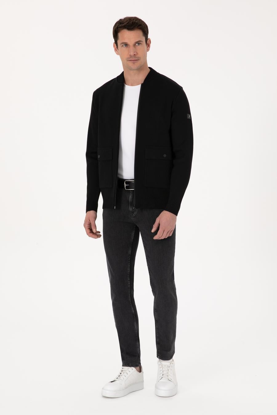 Siyah Slim Fit Yün Karışımlı Tam Fermuarlı Triko Hırka - 50310564021