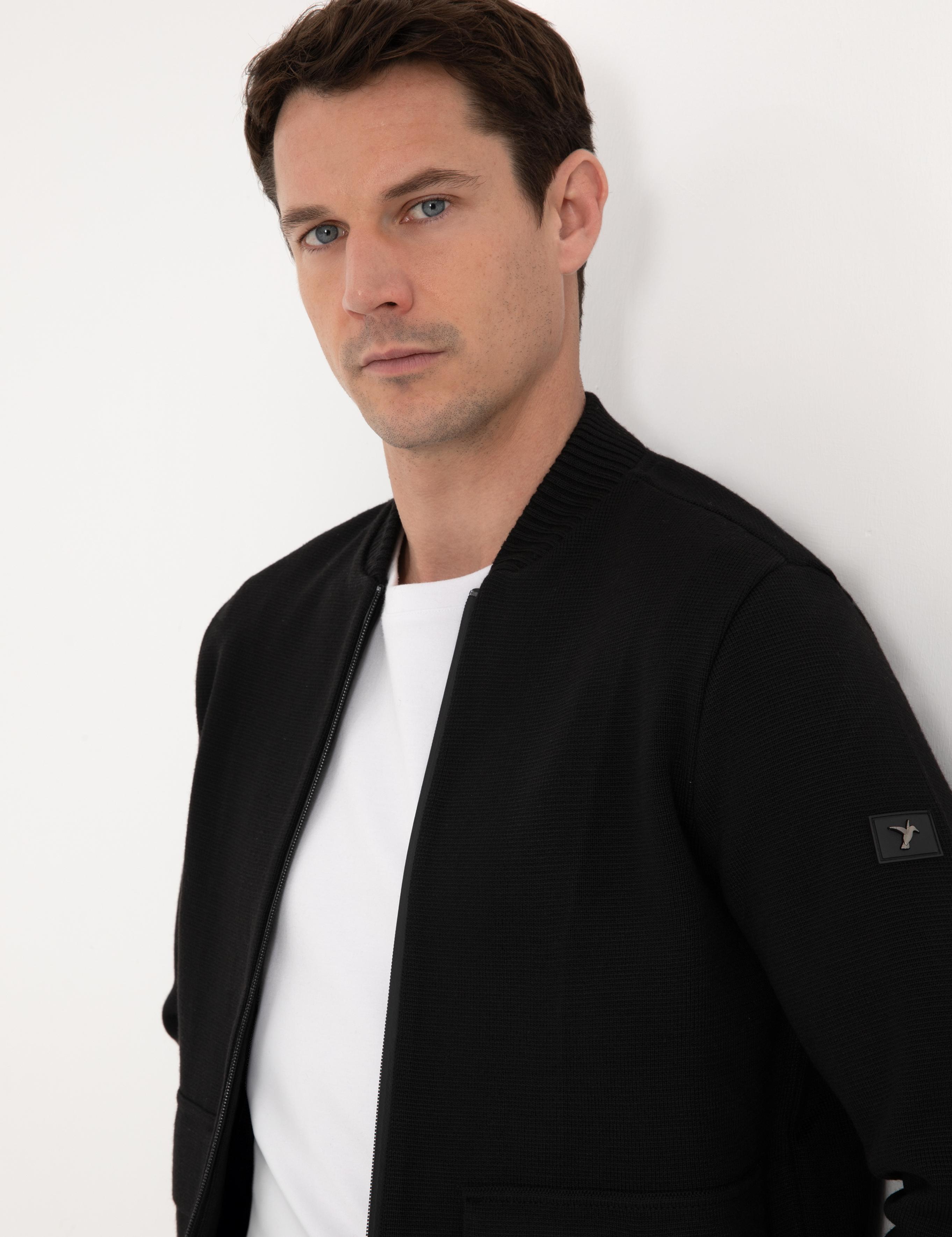 Siyah Slim Fit Yün Karışımlı Tam Fermuarlı Triko Hırka - 50310564021