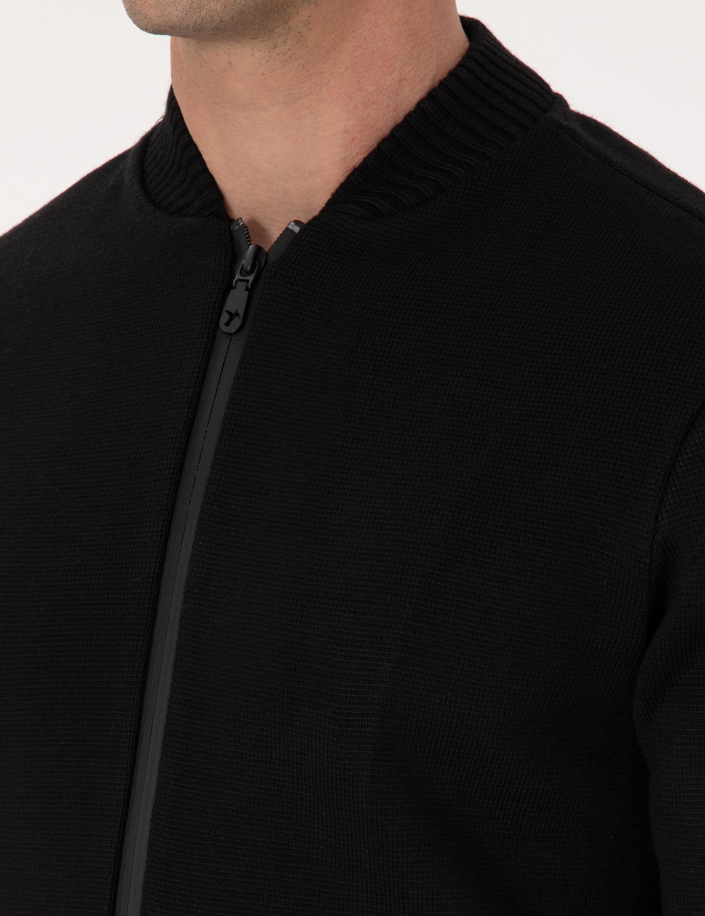 Siyah Slim Fit Yün Karışımlı Tam Fermuarlı Triko Hırka 50310564